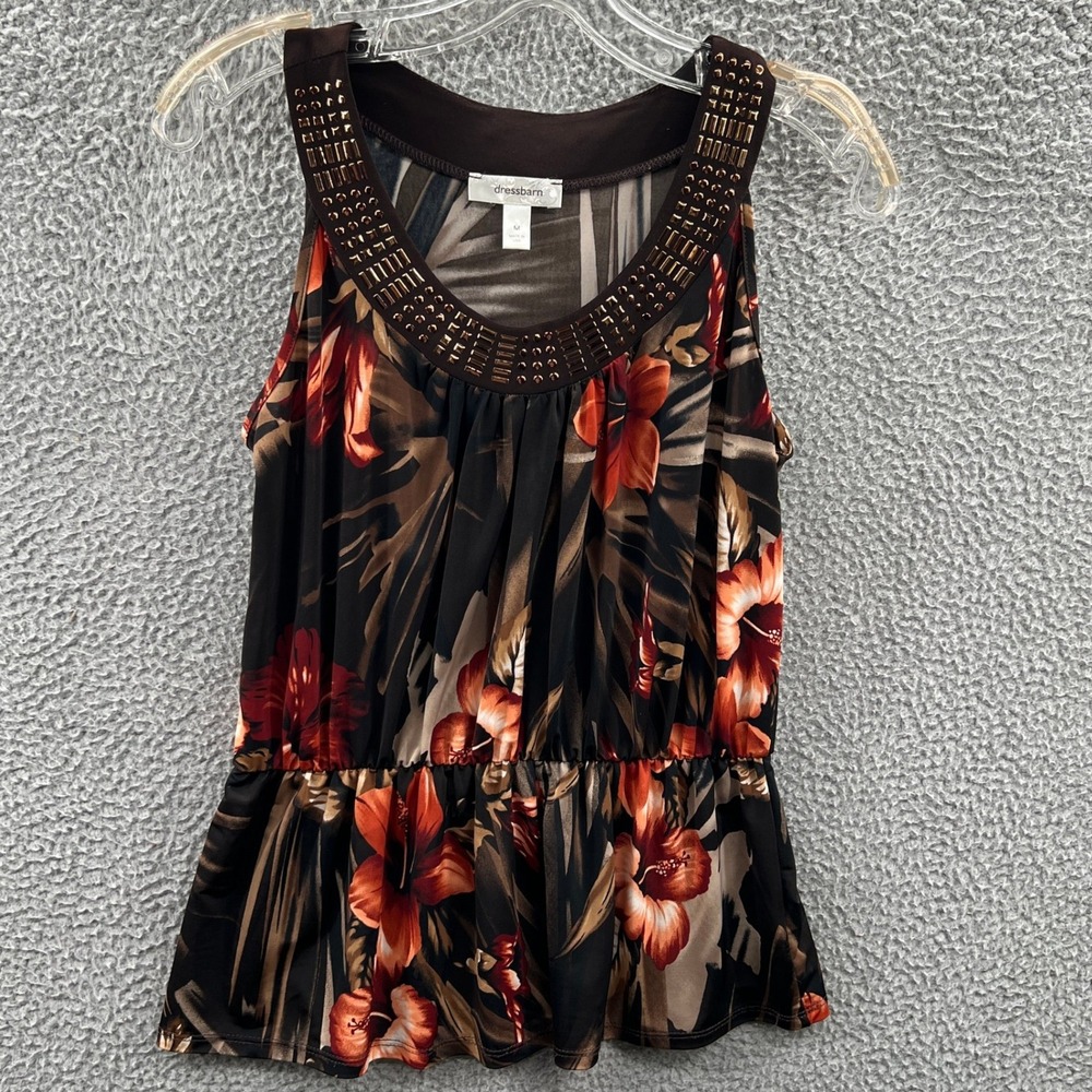 Women Tropical Tank Top M Floral Studded Neck Peplum Resort Vacation Boho Cruise